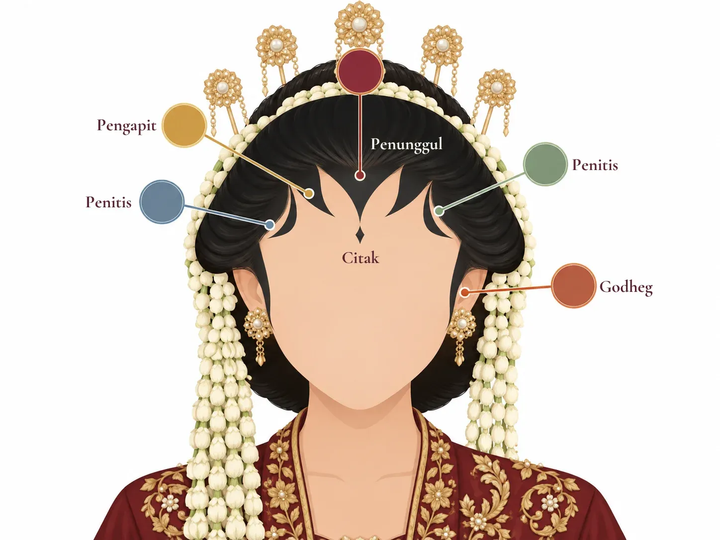 bagian-bagian paes Jawa pada dahi pengantin: penunggul, pengapit, penitis, godheg, dan citak