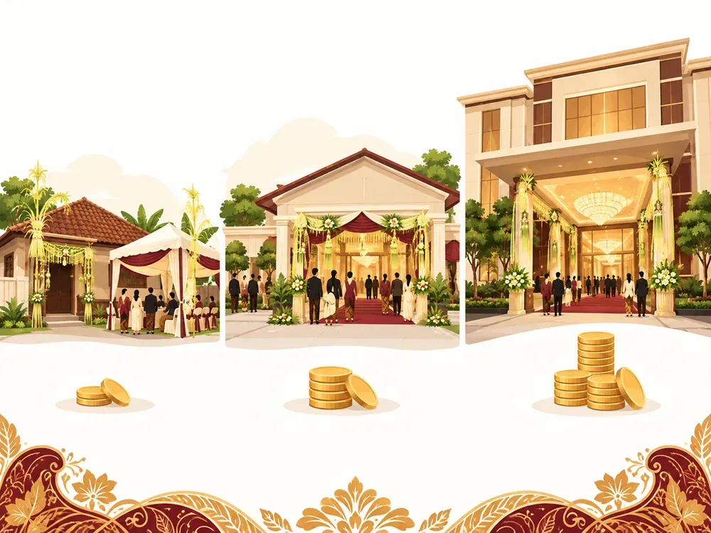 ilustrasi tiga skala biaya pernikahan adat Jawa: sederhana di rumah, standar di gedung, dan premium di hotel