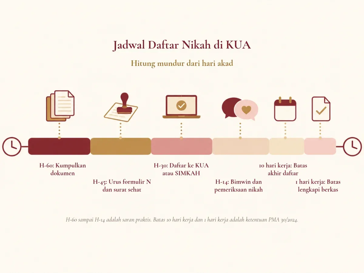 Jadwal daftar nikah di KUA: kumpulkan dokumen H-60, urus formulir N di kelurahan H-45, daftar ke KUA H-30, bimbingan perkawinan dan pemeriksaan H-14, batas daftar 10 hari kerja, batas melengkapi berkas 1 hari kerja sebelum akad