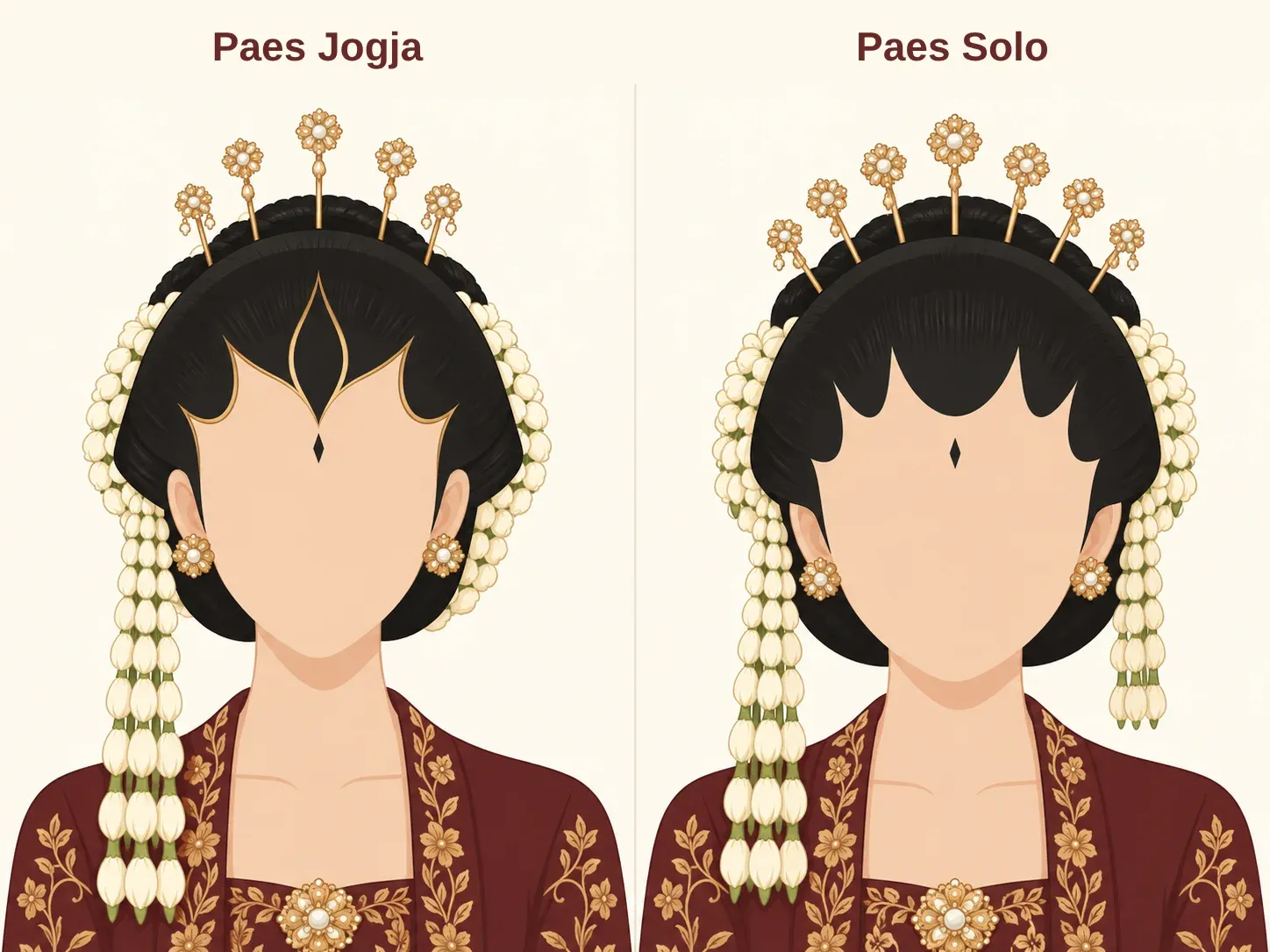 perbedaan paes Jogja dan Solo pada dahi pengantin putri, paes Jogja runcing berprada emas dan paes Solo membulat