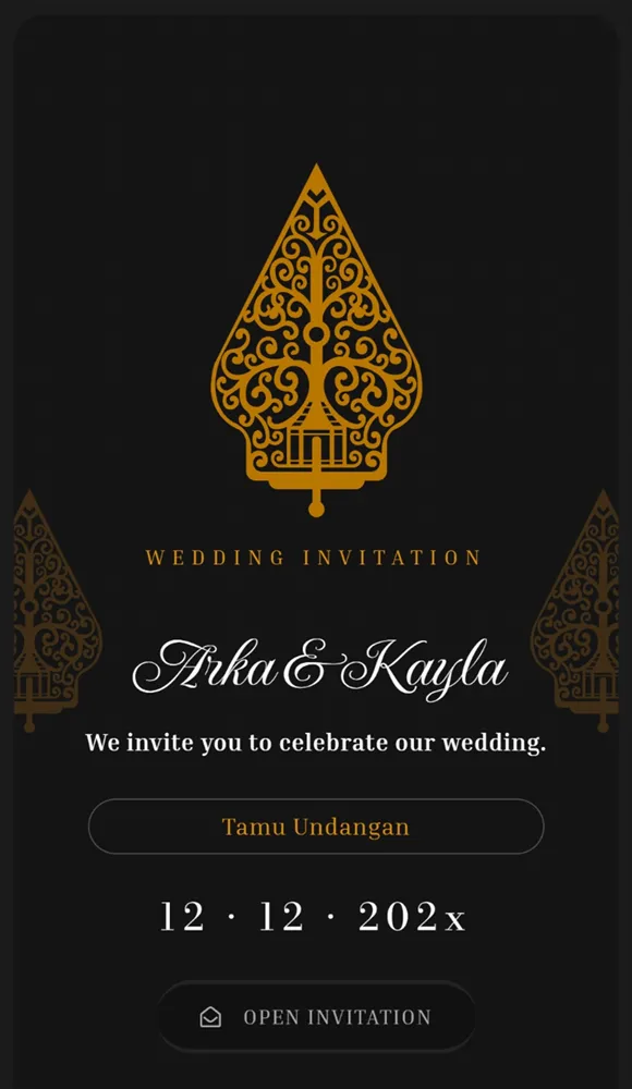 Preview undangan digital adat Jawa Joglo Klasik: gunungan emas dan rumah joglo di latar gelap