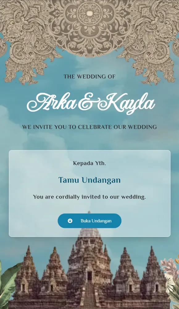Preview undangan digital adat Jawa Prambanan: latar candi dan langit biru