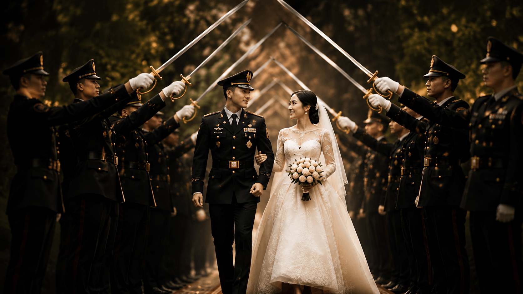 Pasangan pengantin perwira berjalan di bawah lorong pedang pora