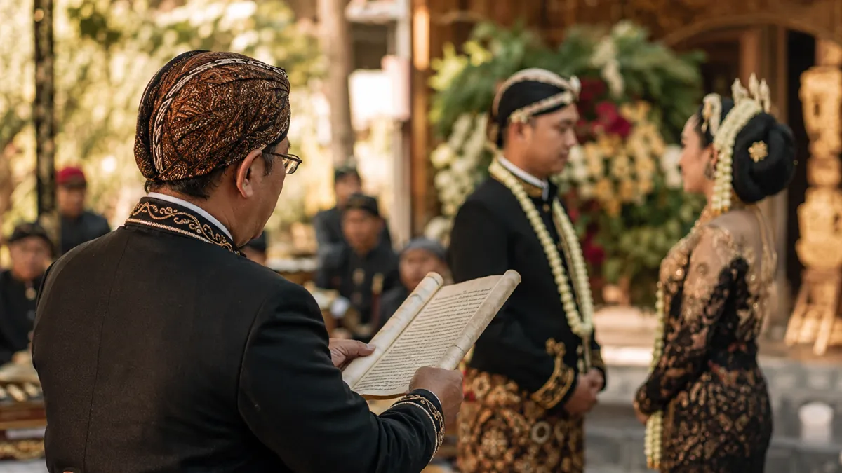pranatacara membacakan teks temu manten adat jawa saat prosesi panggih pengantin