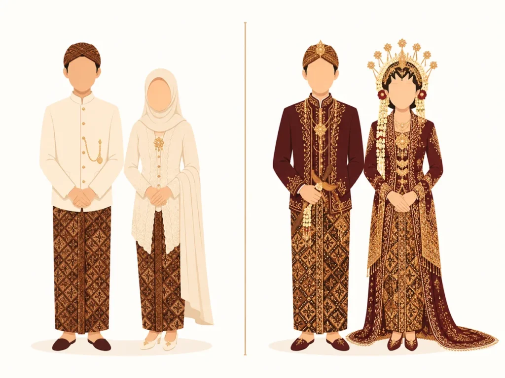 perbandingan busana akad nikah adat jawa yang sederhana dengan busana panggih yang lebih mewah