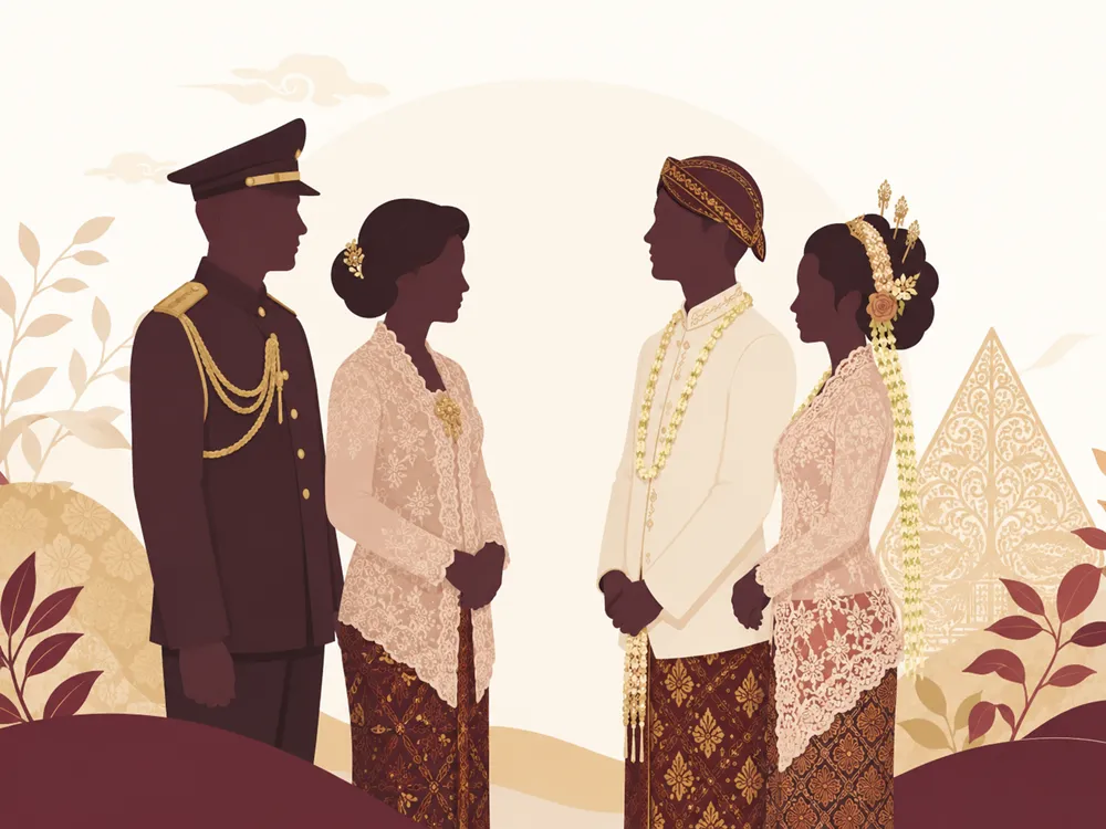 ilustrasi keluarga besar TNI dalam prosesi pernikahan bernuansa purnawirawan